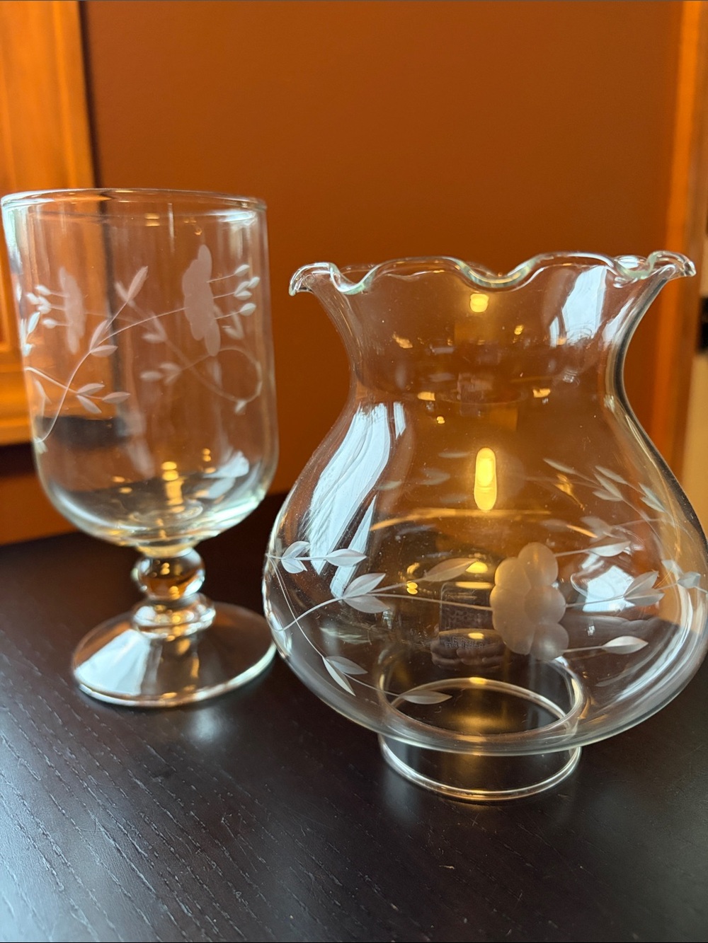 Vintage Princess House Heritage water goblet and ruffled hurricane globe shade